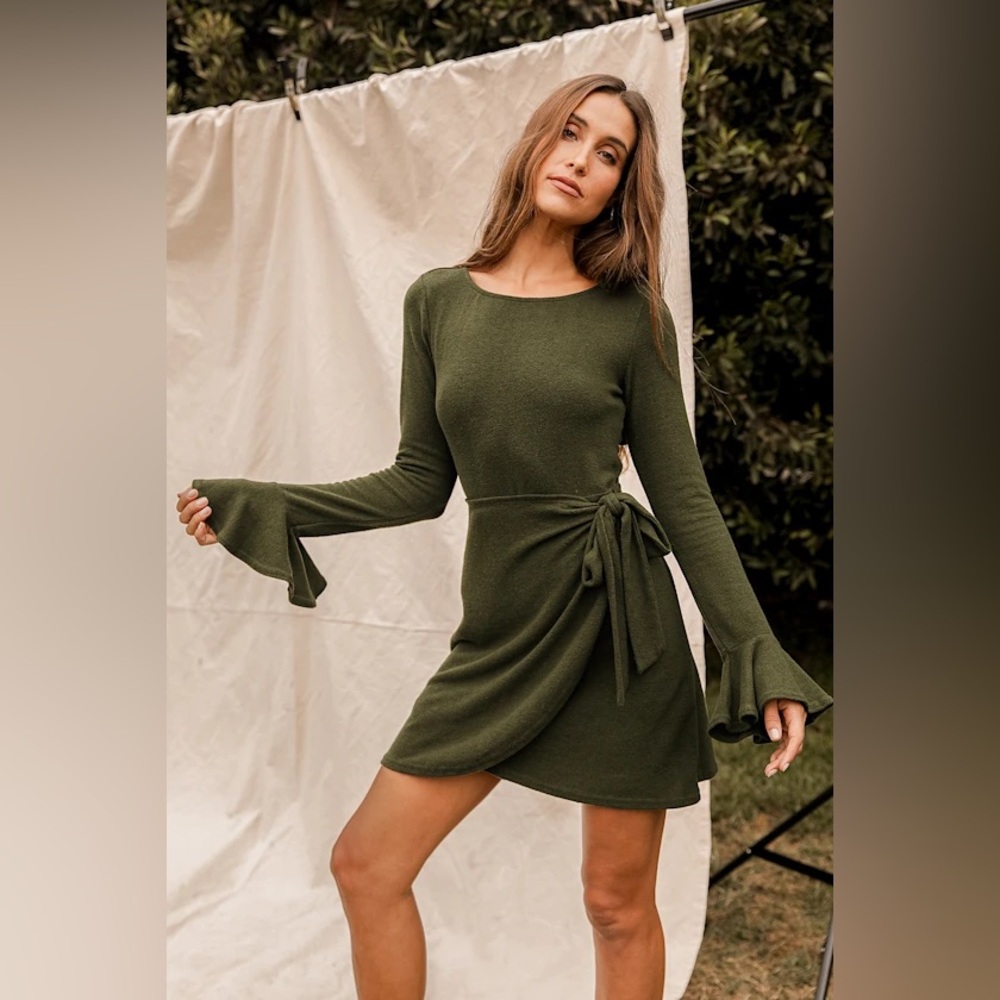 NWT Lulus Favorite Tune Olive Green Faux Wrap Sweater Dress Sz. MEDIUM